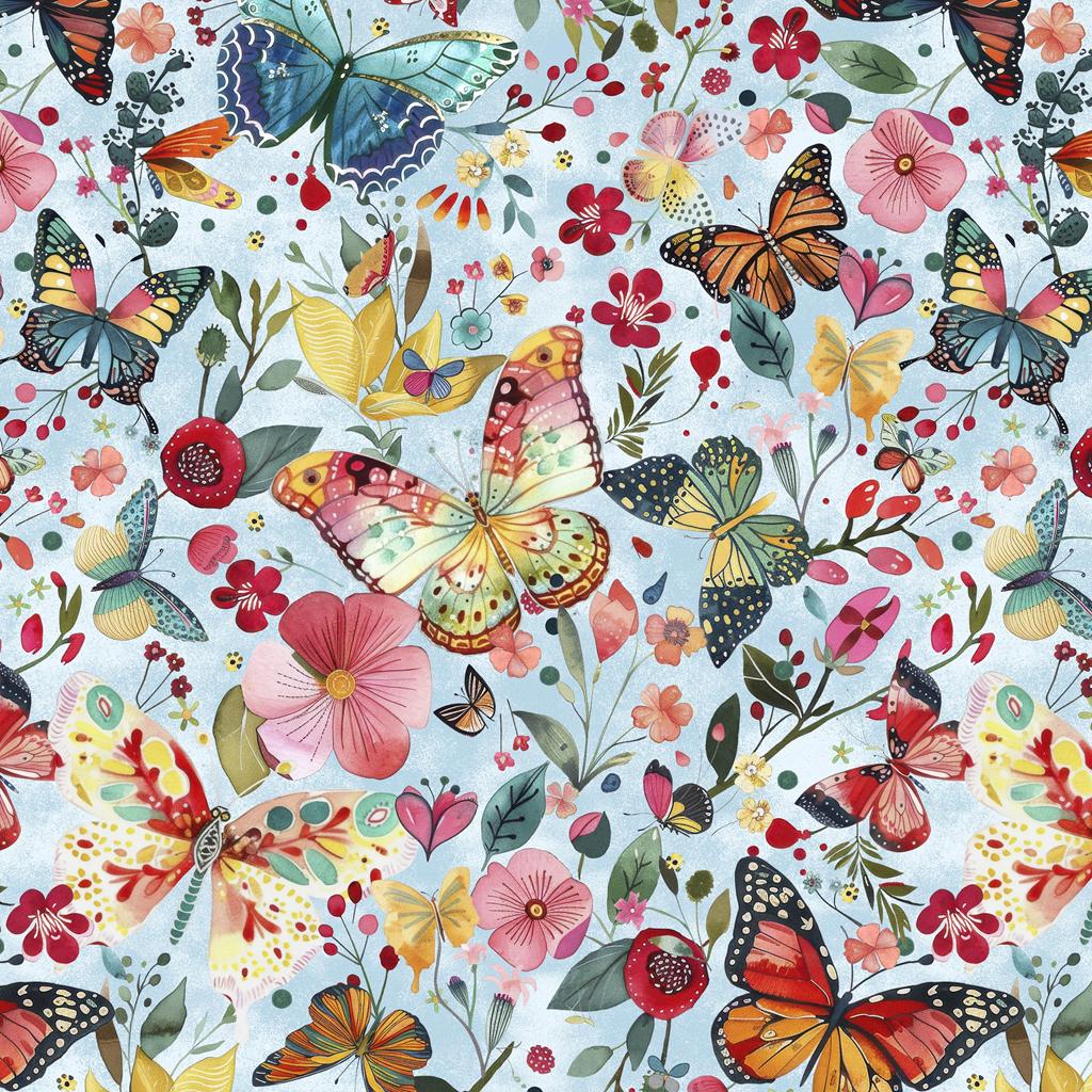 Butterflies and Floral Toss - Lt Blue