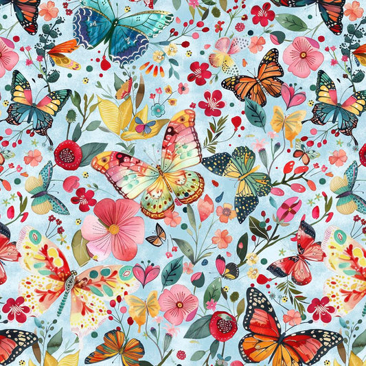 Butterflies and Floral Toss - Lt Blue