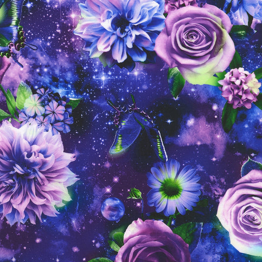 Florals Butterflies Galactic Sky - Sapphire