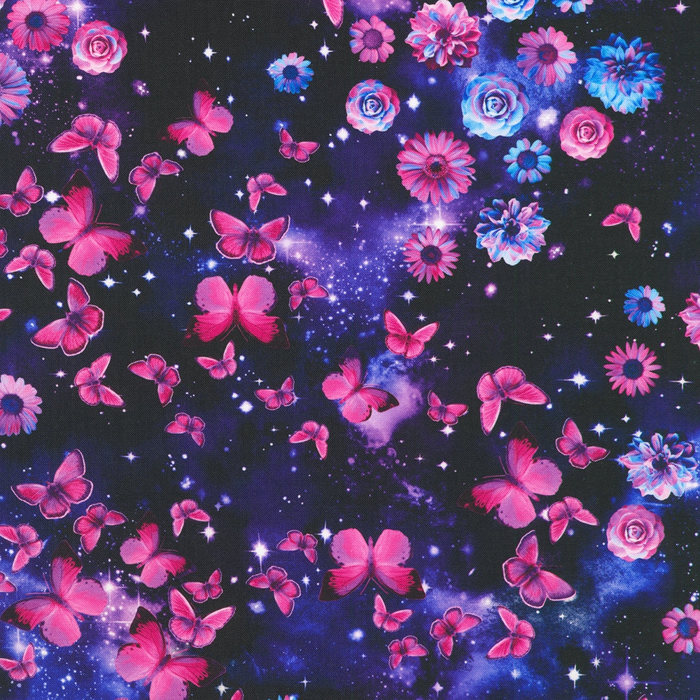 Tossed Florals Butterflies Galactic Sky - Onyx