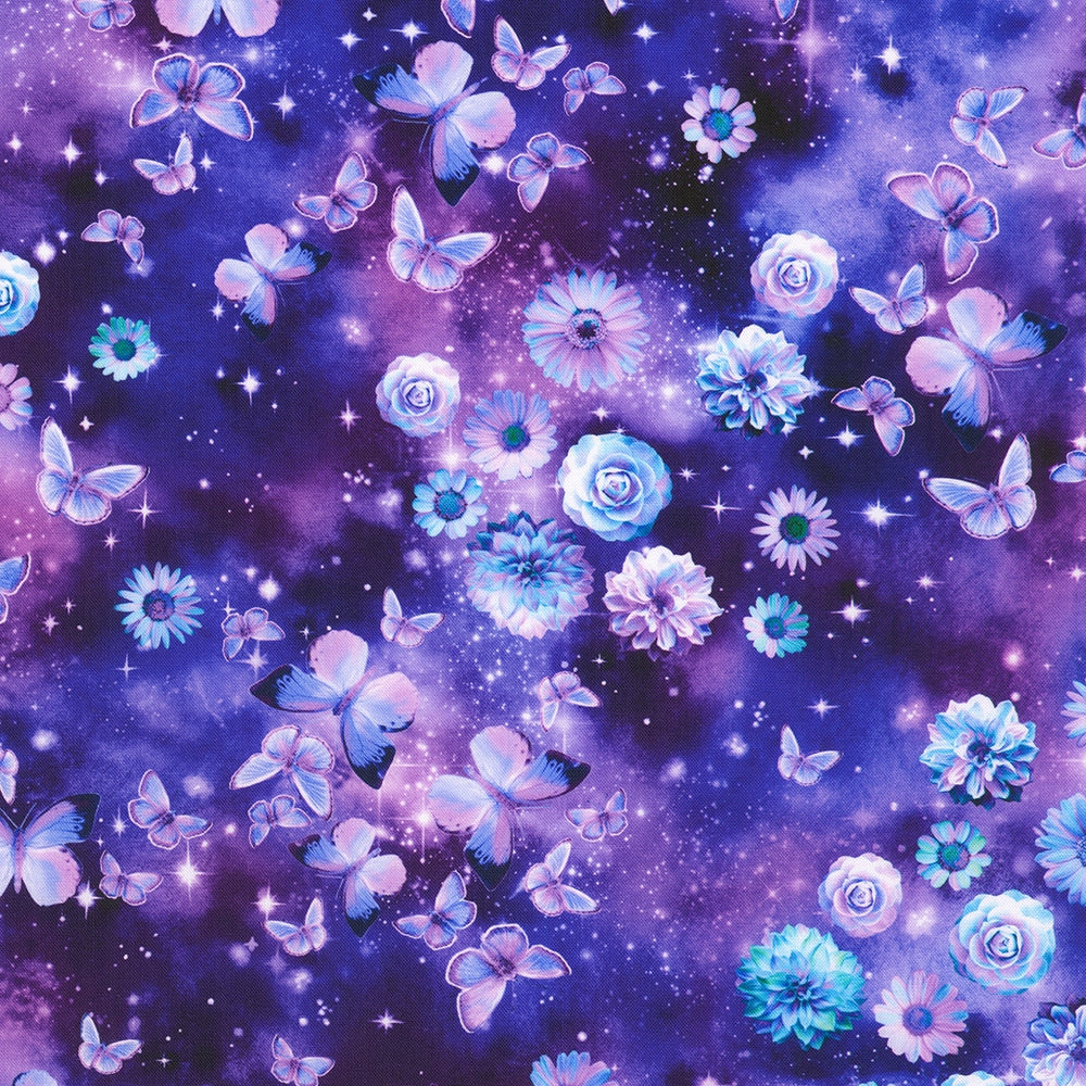 Tossed Florals Butterflies Galactic Sky - Sapphire