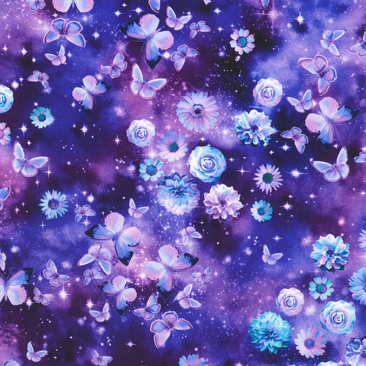 Tossed Florals Butterflies Galactic Sky - Sapphire